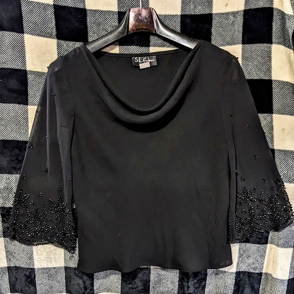 Black Sparkly Beaded Sleeved Top